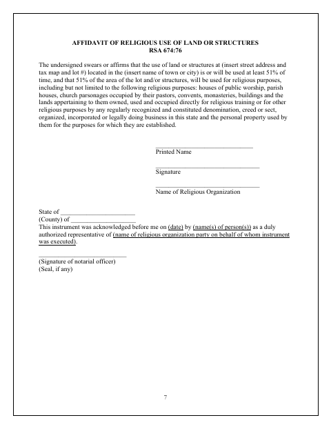 First page of the Affidavit of Religious Use of Land or Structures