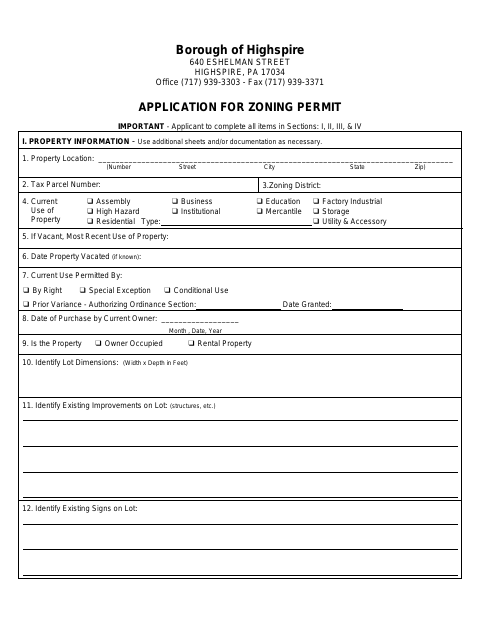 First page of the Application for Zoning Permit