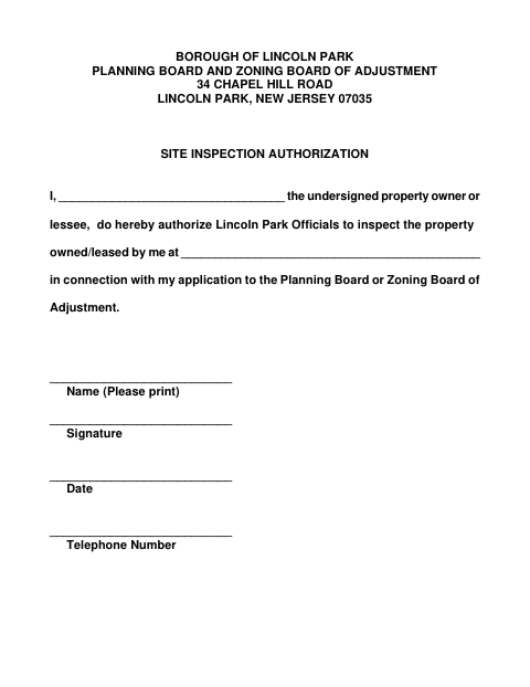 First page of the Site Inspection Authorization Form