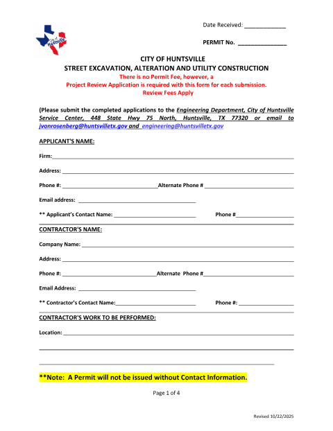 First page of the Street Excavation, Alteration and Utility Construction Permit Application