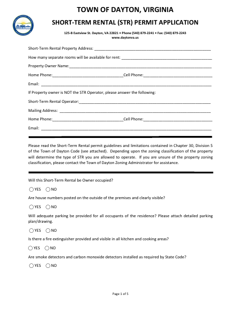 First page of the Short-Term Rental Application