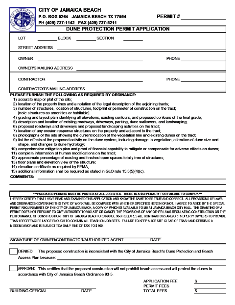 First page of the Dune Protection Permit Application