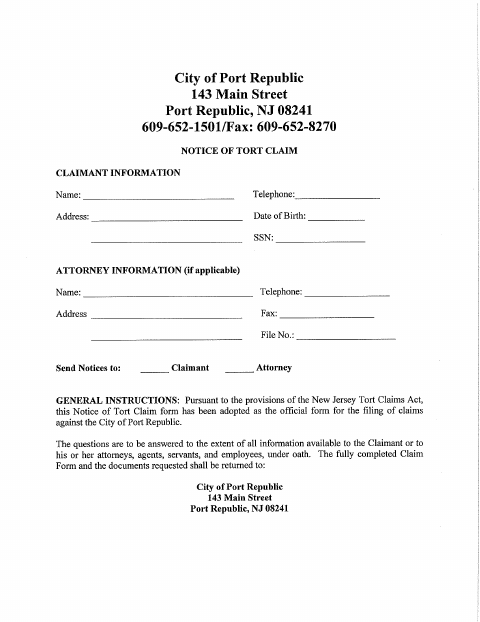 First page of the Notice of Tort Claim Form