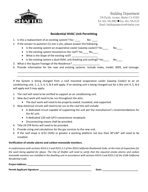 First page of the Residential HVAC Unit Permitting