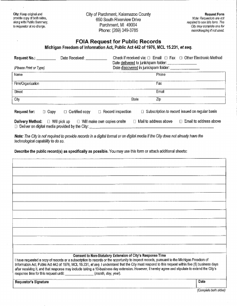 First page of the FOIA Request for Public Records