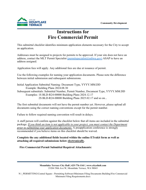 First page of the Fire Commercial Permit Submittal Checklist