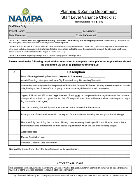 First page of the Staff-Level Variance Checklist