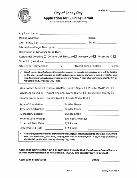 First page of the Building Permit Application for Non-Manufactured Homes and Accessory Structures