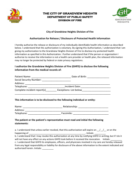 First page of the Authorization for Release of Protected Health Information