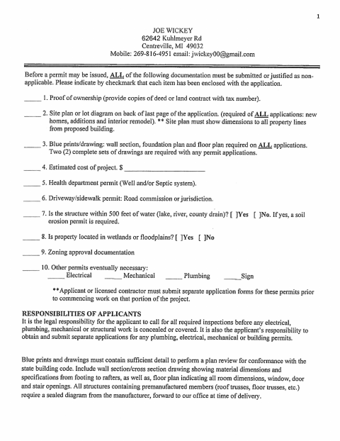 First page of the Building Permit Application