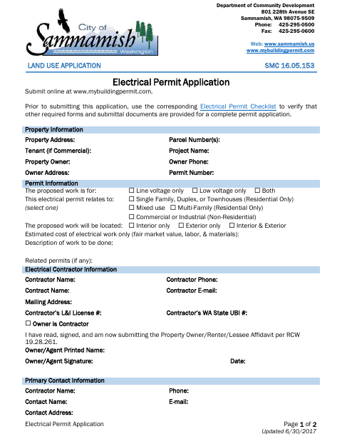 First page of the Electrical Permit Application