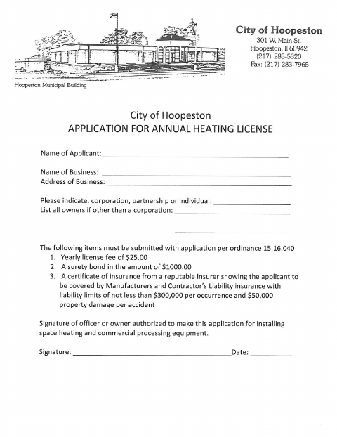 First page of the Annual Heating License Application