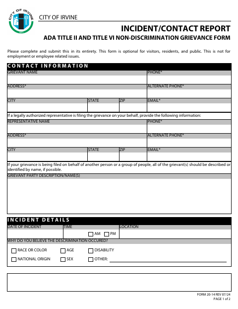First page of the Incident/Contact Report ADA Title II and Title VI Non-Discrimination Grievance Form