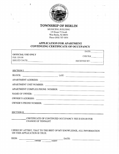 First page of the Application for Apartment Continuing Certificate of Occupancy