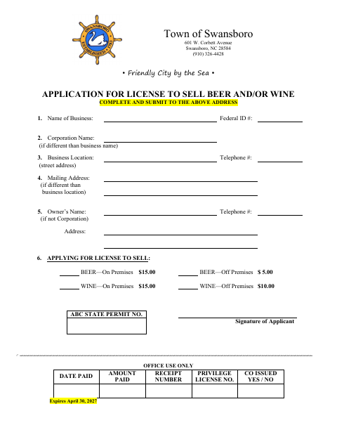 First page of the Application for License to Sell Beer and/or Wine