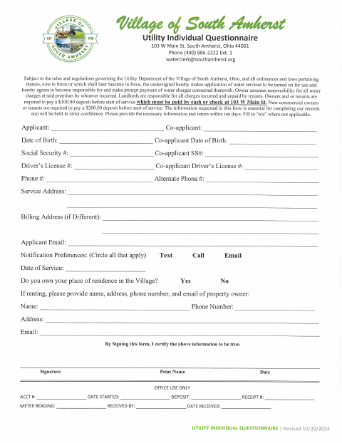 First page of the New Resident Application Form