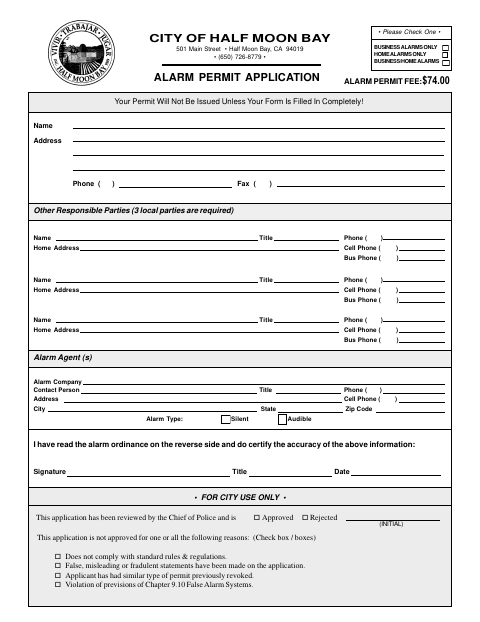 First page of the Alarm Permit Application