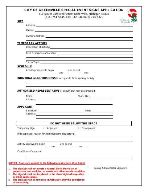 First page of the Special Event Signs Application