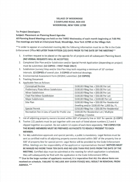 First page of the Project Developers Planning Board Application