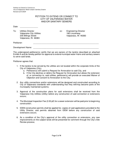 First page of the Petition to Extend or Connect to City Water and/or Sanitary Sewers