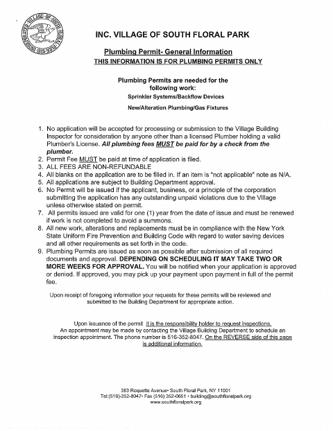 First page of the Plumbing Permit Application