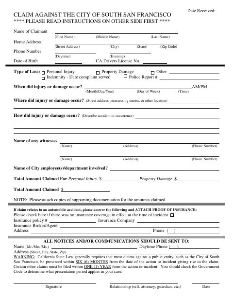 First page of the Claim Against the City of South San Francisco