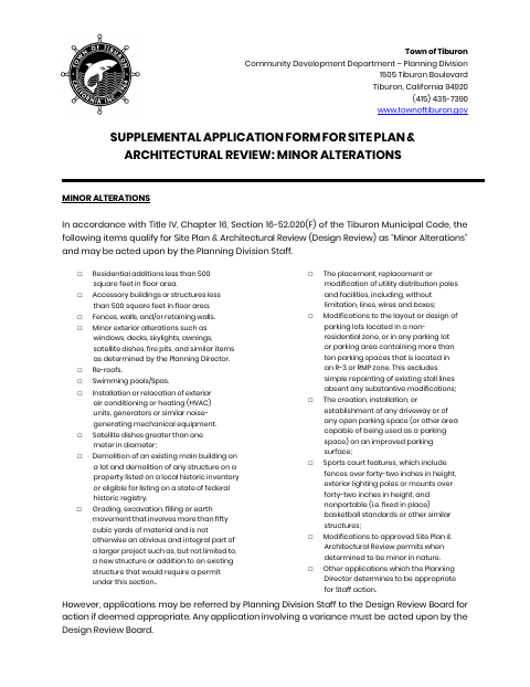 First page of the Supplemental Application Form for Site Plan & Architectural Review: Minor Alterations