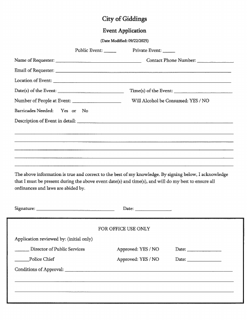First page of the Veteran’s Park Event Application