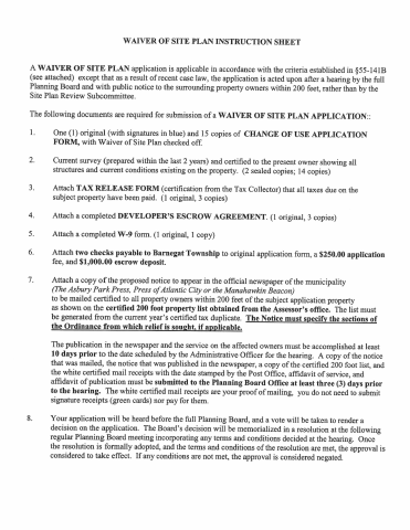 First page of the Waiver of Site Plan Application Package