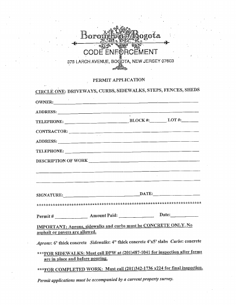 First page of the Driveway, Curbs, Sidewalks, Steps, Fences and Sheds Permit Application