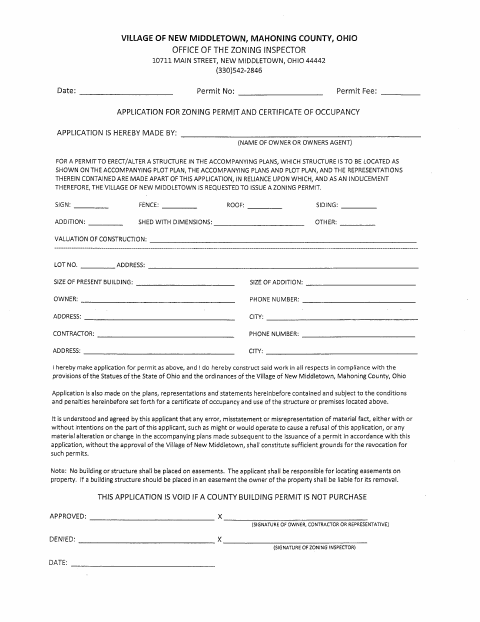 First page of the Zoning Permit and Certificate of Occupancy Application
