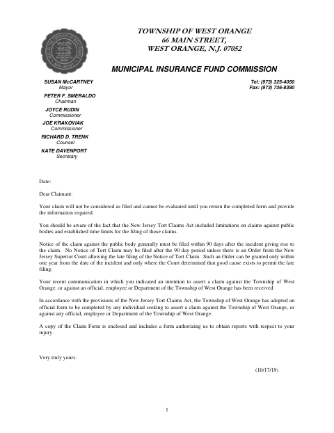 First page of the Municipal Insurance Fund Commission Tort Claim Notice