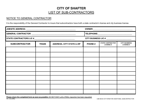 First page of the List of Subcontractors