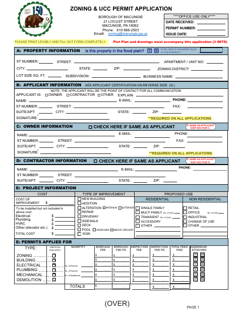 First page of the Zoning & UCC Permit Application