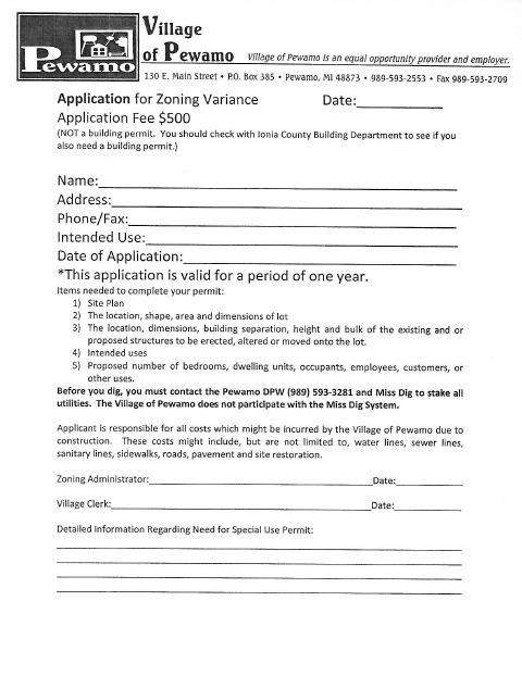 First page of the Zoning Variance Application
