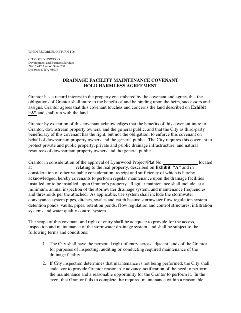 First page of the Drainage Facility Maintenance Covenant Hold Harmless Agreement