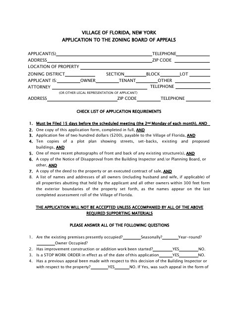 First page of the Zoning Board Of Appeals Application