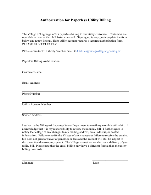 First page of the Authorization for Paperless Utility Billing