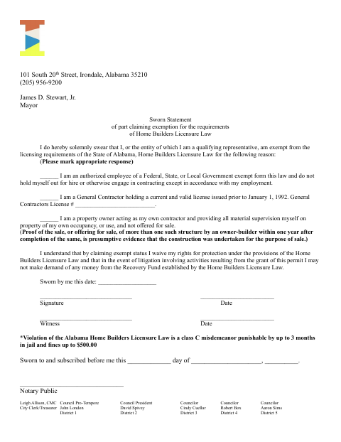 First page of the Sworn Statement of Part Claiming Exemption