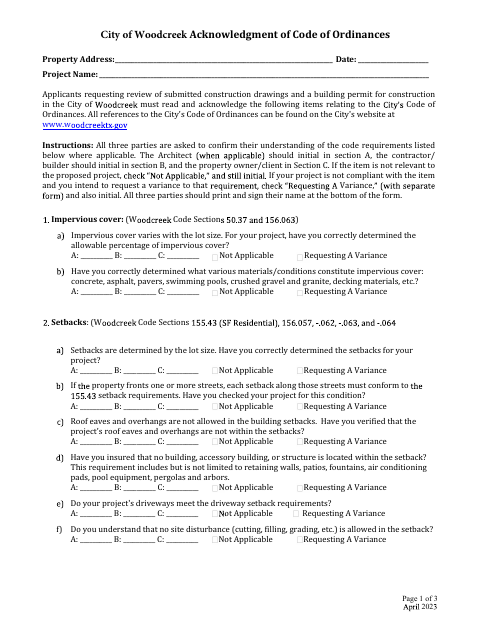 First page of the Acknowledgment of Code of Ordinances