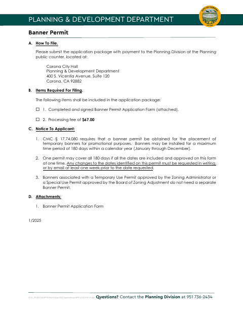 First page of the Banner Permit Application
