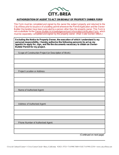 First page of the Agent Authorization Form
