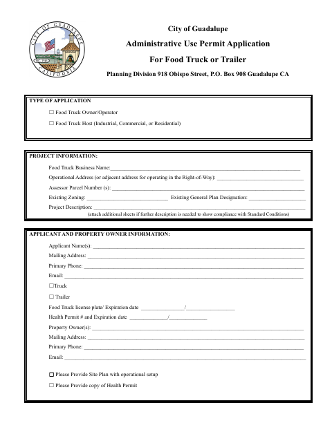 First page of the Administrative Use Permit Application for Food Truck or Trailer