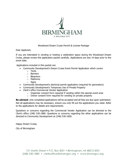 First page of the Woodward Dream Cruise Permit Package