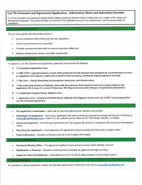 First page of the Lot Tie Covenant and Agreement Application