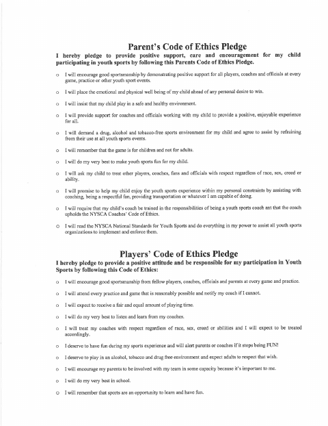 First page of the Players’ Code of Ethics Pledge