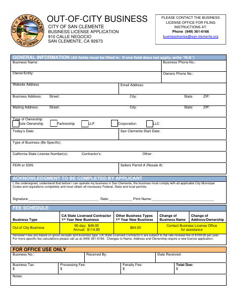 First page of the Out-of-City Business License Application