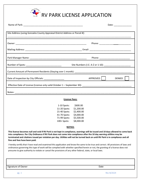 First page of the RV Park License Application