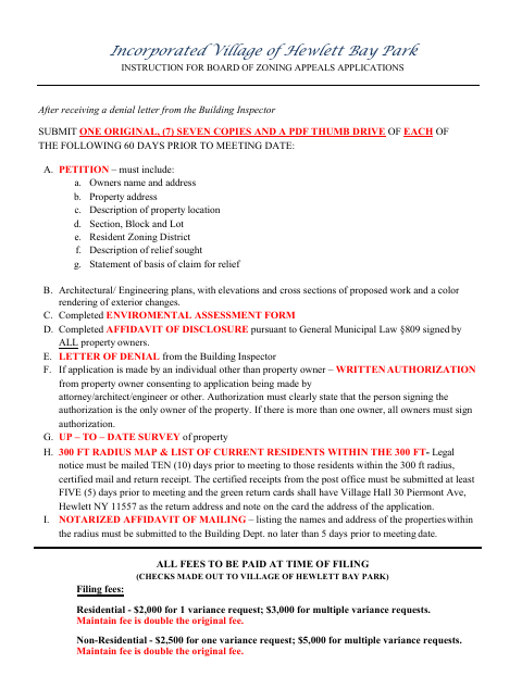 First page of the Zoning Board Application