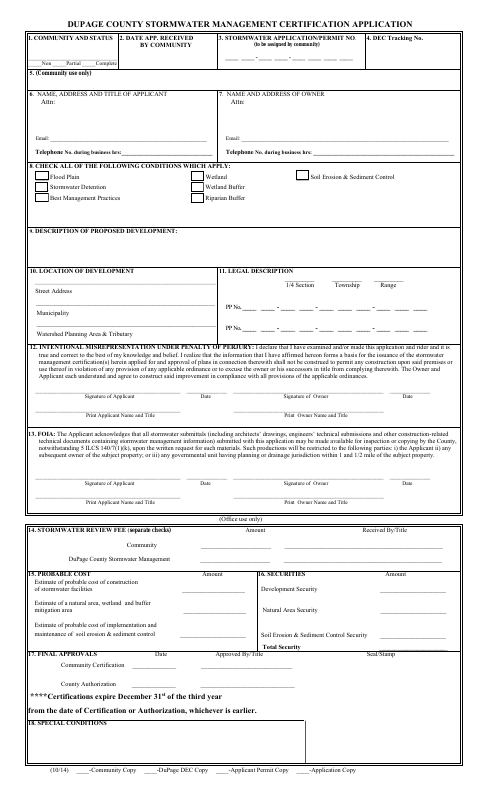 First page of the DuPage County Stormwater Management Certification Application